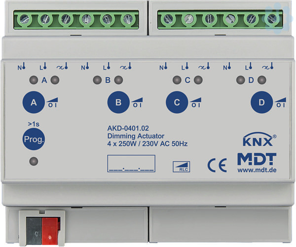 MDT KNX Dimmaktor 4fach 250W REG 6TE 230VAC AKD-0401.02 - hiplo24.de